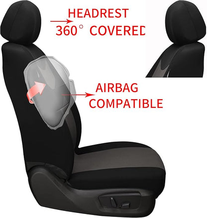 Universal Car Seat Covers for Front Seats, Cloth Front Car Seat Cover, Easy to Install, Breathable and Washable Universal Interior Covers for Auto, SUV, Sedan, Van, Airbag Compatible, Black & Charcoal