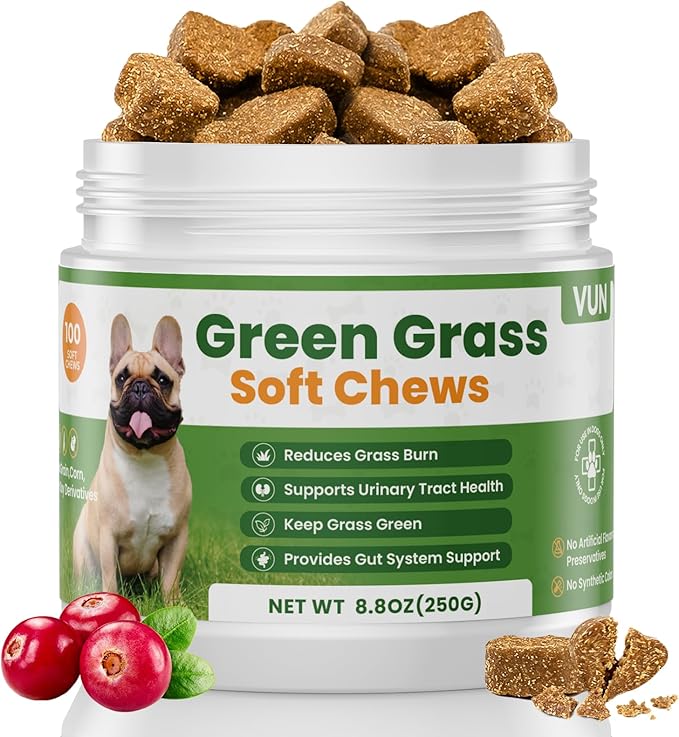 VUN Dog Urine Neutralizer for Lawn – Green Grass Dog Chews to Prevent Yellow Spots & Lawn Burn – Grass Saver Soft Chews with DL-Methionine,Cranberry&Probiotics-100 Soft Chews