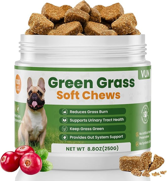 VUN Dog Urine Neutralizer for Lawn – Green Grass Dog Chews to Prevent Yellow Spots & Lawn Burn – Grass Saver Soft Chews with DL-Methionine,Cranberry&Probiotics-100 Soft Chews
