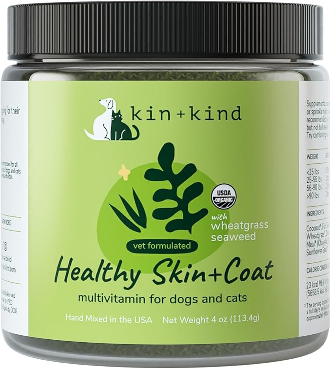 kin+kind Skin and Coat Supplement for Dogs & Cats – Natural Vitamin Supplements with Organic Ingredients for Shiny Fur, Moisturized Skin & Overall Pet Wellness – Dog Essentials & Cat Essentials – 4oz