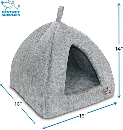 Best Pet Supplies Cat Bed for Indoor Cat, Domed Tent House with Removable Pillow, Covered Cat Cave for Small Dog, Puppies and All Breeds of Cats - Gray Linen, 16 x 16 x H:14"
