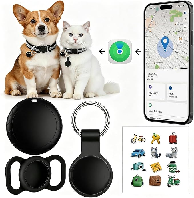 GPS Tracker for Dogs/Cat（2026 MFi Certified - Long Standby）Smart Collar with Real-Time Location - Pet Location Tracker with Holder, No Monthly Fee/No SIM Card,Works with iOS Find My,Ultra-Slim,IP68-W