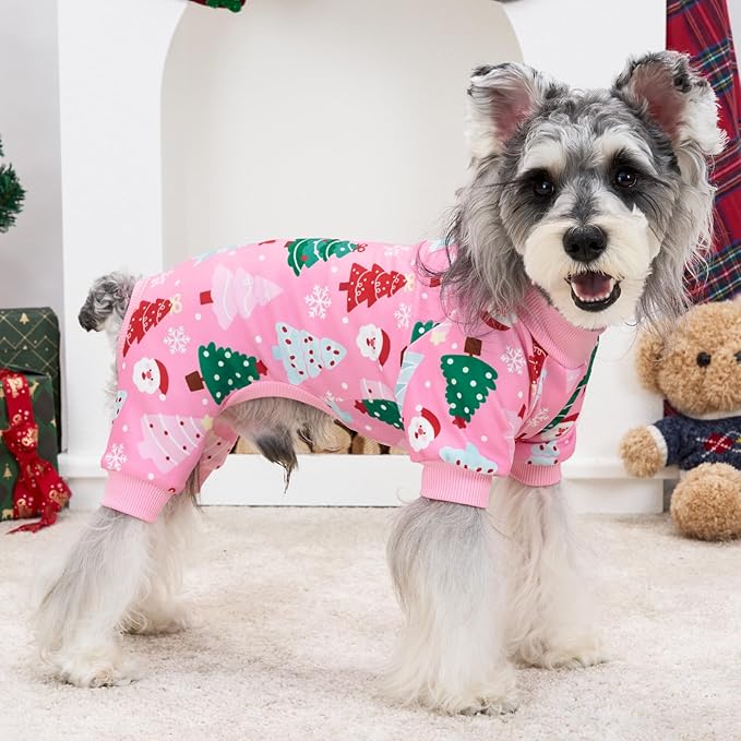 XPUDAC Christmas Dog Pajamas Christmas Tree Puppy Clothes for Small Medium Dogs Girl Holiday Pet Outfit Pjs Doggie Bodysuit Cat Apparel, Pink, S
