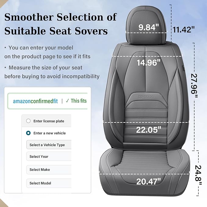 Coverado Car Seat Covers Full Set, Gray Seat Covers for Cars, Automotive Seat Covers, Waterproof Nappa Leather Front Seats and Back Car Seat Protector, Universal Fit for Most Cars SUV Trucks