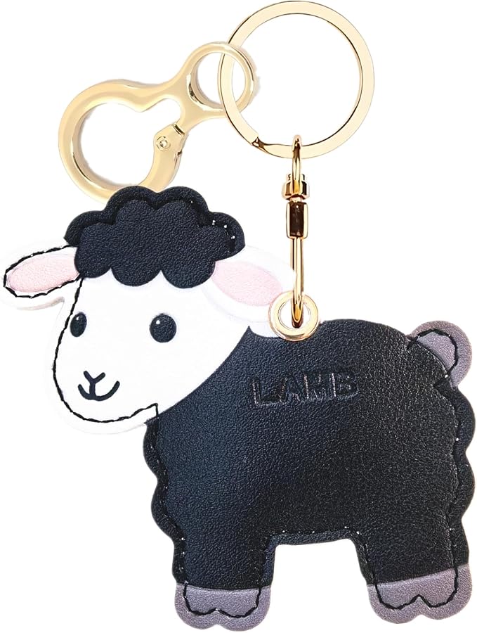 Leather Keychain Holder Case Compatible with AirTag,Cute Protective Cover with Keyring,Anti-Scratch Finder GPS Tracker Case for Wallet Keys,Bag,Pets,Backpack(Black Lamb)