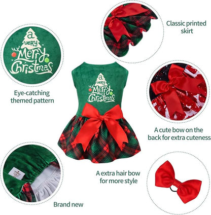 CuteBone Christmas Tree Dog Dress Velvet for Small Dogs Girl Puppy Dresses Green Plaid Dog Clothes CVA05S-D
