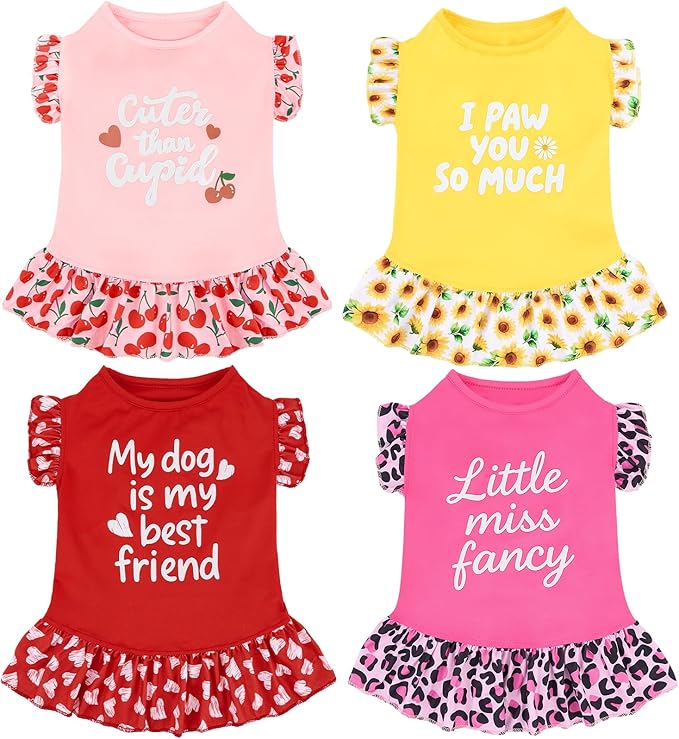XPUDAC 4 Pack Cute Dog Dress for Small Dog, Floral Pet Clothes Sweet Girl Puppy Dress Colorful for Birthday Holiday Spring Summer Pet Outfits Skirt for Girls, M