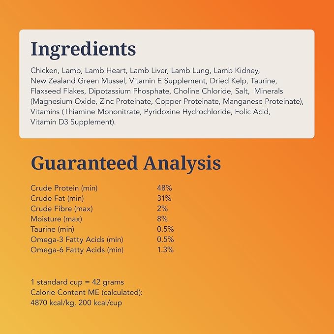 Feline Natural High Protein Dry Cat Food, Freeze-Dried Diet with 98% Meat, Organs & Seafood, No Peas, Grains, or Artificial Additives, Made in New Zealand, Chicken & Lamb, 11oz