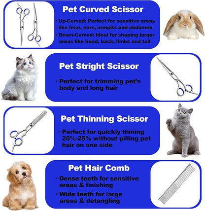 Dog Grooming Scissor, 7-in-1 Pet Grooming Scissor for Dogs, Professional Dog Grooming Kit with Safety Round Tips, Titanium Coated Cat Scissors Kit for Home Grooming (Blue)