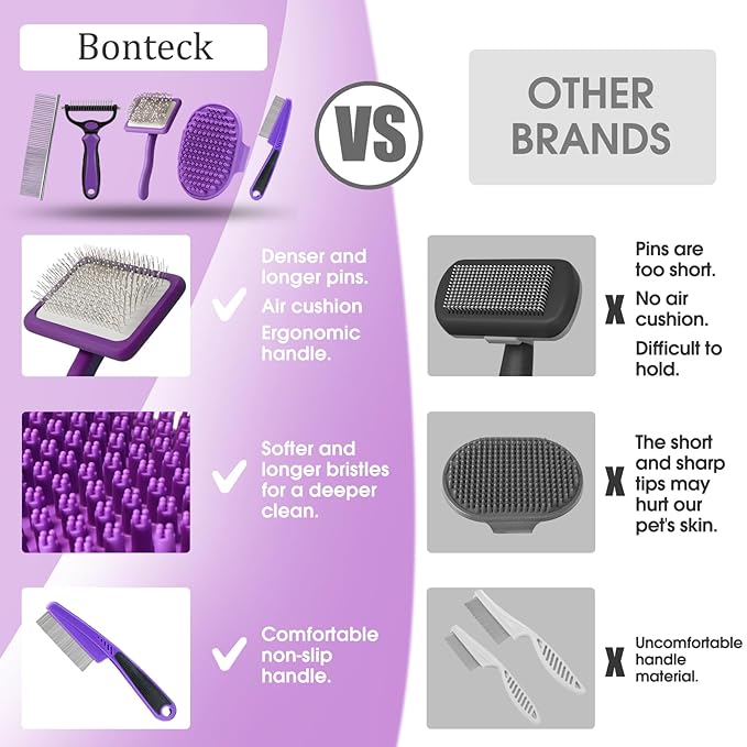Bonteck Dog Slicker Brush for Dogs Grooming Kit 4PCS | Large Dog Brush for Goldendoodles Poodles Doodles | Long Pin Haired Brush | Poodle Brushes and Comb (Purple)