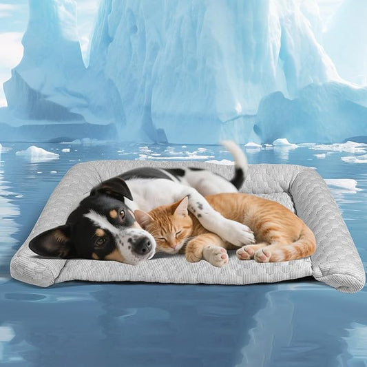 Cooling Mat - Thicken Pad for Small Dog & Cat, Ultra-Comfortable & Machine Washable | Foldable Design Mat for Dogs, Crates & Indoor Use (Grey, M 24''*14'')