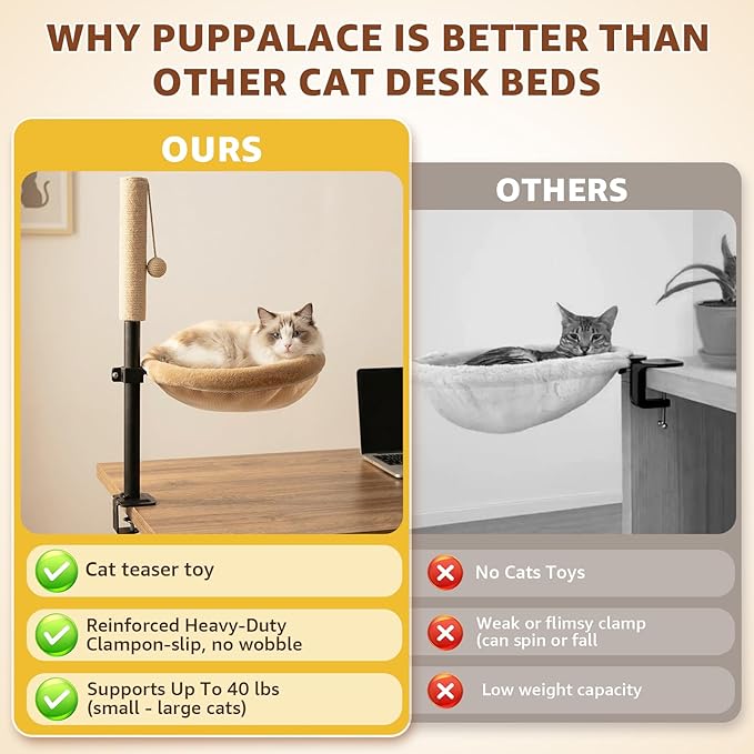 Cat Desk Bed with Scratching Post - Adjustable Height & 360° Rotation, Reversible Machine Washable Cover, Space-Saving Clamp-On Design for Office Desks, Sturdy Support for Indoor Cats