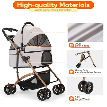 3-in-1 Foldable Pet Stroller for Small Dogs & Cats - Detachable Carrier, Car Safe Car Seat, Large Storage Basket (Grey)
