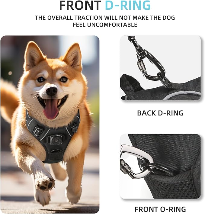 AirTag Dog Harness, Integrated Dog Vest with 100% Waterproof Air Tag Holder, No-Pull No-Choke Reflective Dog Vest Harness with Apple Air Tag Case for Small Medium Large Dogs (Black, XL)