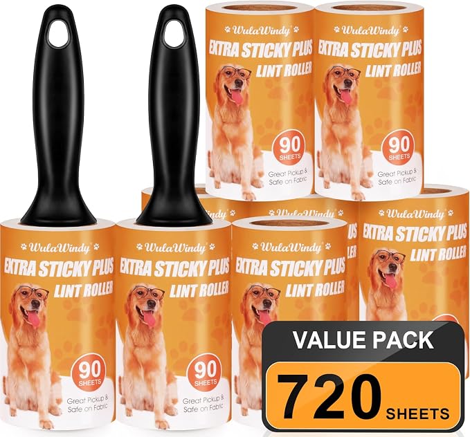 WulaWindy Extra Sticky Lint Rollers for Pet Hair, 8 Rolls, 2 Handles | Extra-sticky lint rollers with 8 rolls and 2 reusable handles for pet hair, lint and dust on clothes, sofas and furniture.