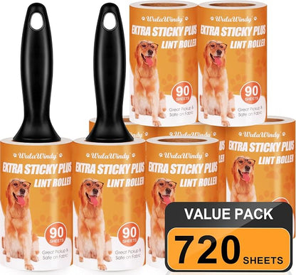 WulaWindy Extra Sticky Lint Rollers for Pet Hair, 8 Rolls, 2 Handles | Extra-sticky lint rollers with 8 rolls and 2 reusable handles for pet hair, lint and dust on clothes, sofas and furniture.