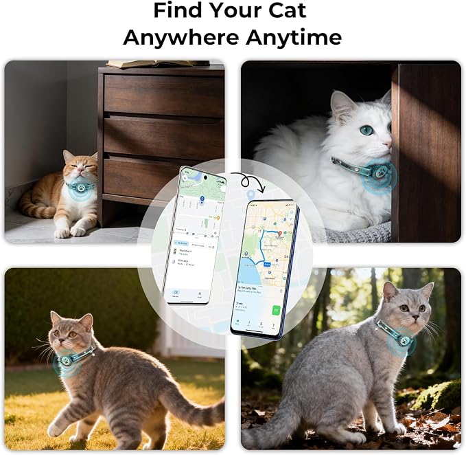 Cat GPS Collar, iOS & Android, Bluetooth, Green, Green-2P | Activity monitor, no monthly fee, works with Apple Find My & Google Find Hub, adjustable, fits cats and small dogs