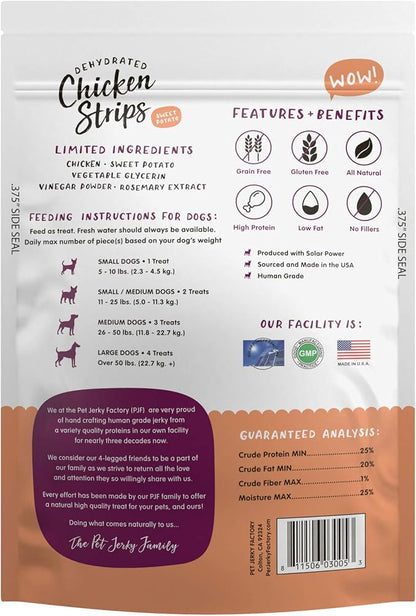Pet Jerky Factory Premium Chicken and Sweet Potato 5 oz. Dog Jerky Treats |100% Human Grade | USA Made | High Protein | Low Fat | Grain Free | Limited Ingredients | BHA-BHT Free | Soft-Tender