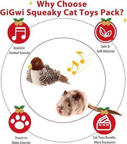 Gigwi Automatic Cat Toys Pack, Interactive Electronic Squeaky Animals Bird and Mouse, Plush Toys for Cats to Play Alone, 2 Pcs