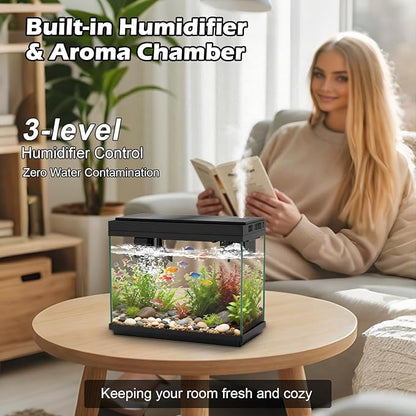 Smart Aquarium Fish Tank with Silent Water Pump, 2.4 Gallon Small Aquarium with Quick Start Kit, Temperature Display, Humidifier and RGB Lights, Perfect for Home, Office, and Decor, Black