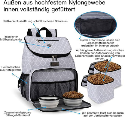 BAGLHER丨Dog Travel Bag, Airline Approved Pet Supplies Backpack, Dog Travel Backpack with 2 Silicone Collapsible Bowls and 2 Food Baskets