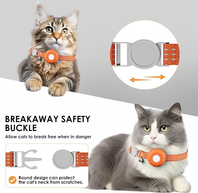 Cat Tracker, GPS Tracker, Pet Tracker Compatible with Apple Find My App(Only iOS), Waterproof Cat Trackers Collar with Bell and Safety Elastic Buckle,No Monthly Fee, Smart Alerts, Orange