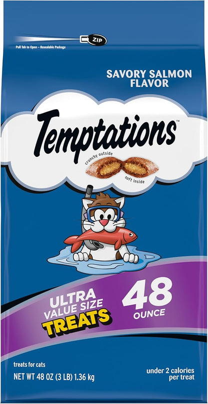 Temptations Cat Treats Classic Crunchy and Soft Cat Treats, Savory Salmon Flavor, 48 oz. Bag