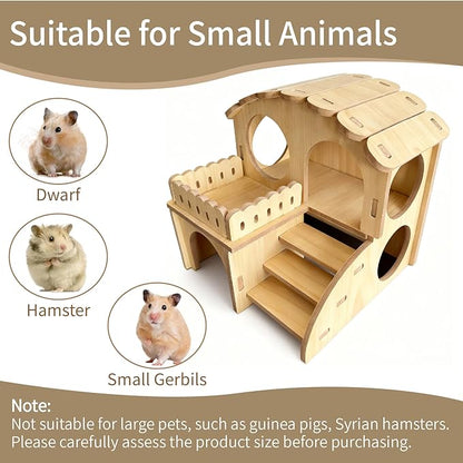 Wooden Hamster Hideout - Wood Hamster Hide House with Ladder Platform Small Pet Hut Habitat Detachable Hamsters Maze Cage Accessories for Dwarf Rat Gerbils Mouse and Other Tiny Animals