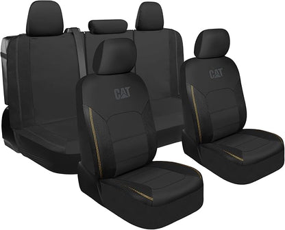 CAT PU Leather Car Seat Covers Full Set – Front Bucket Seats + 60/40 Split Rear Bench – Black Waterproof Automotive Seat Covers, Scratch-Resistant, Universal Fit for Cars, Trucks, SUVs, Easy Install