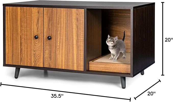 Tangkula Cat Litter Box Enclosure, Cat Washroom W/Divider, Scratching Pad, Metal Leg, Enclosed Cat Box Cabinet Pet House W/Double Doors, Litter Box Furniture Hidden for Large Cat (Walnut & Black)