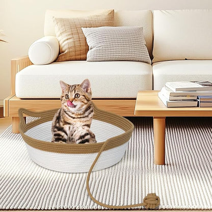 Cotton Rope Cat Bed, Foldable Sleeping Basket with Playing Rope Ball, Hand Woven Small Dogs Sofa Bed, Kitten Shaped House for Pets (Medium, Brown & Beige)