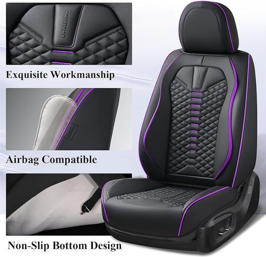 Coverado Car Seat Covers Front Seats, Nappa Leather Black&Purple Car Seat Cover, Automotive Seat Covers, Waterproof Driver Seat Protector, 2 Pack Front Seat Cover Car Seat Cushion Fit for Most Cars