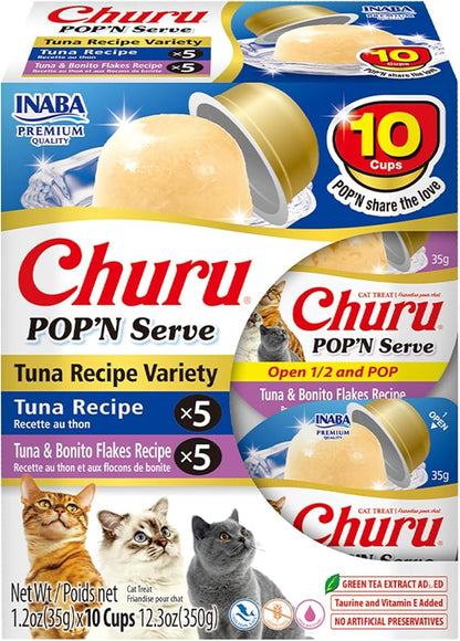INABA Churu Pop'N Serve Jelly Cat Treat with Vitamin E & Taurine, 1.2 Ounce Cup, 10 Cups, Tuna Variety