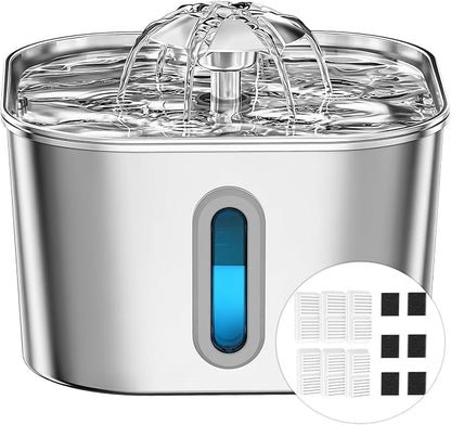 Cat Water Fountain Stainless Steel 74oz/2.2L with 6 Filters & 6 Sponges | Pet Water Dispenser-Indoor Cats Automatic Silent Fountains for Drinking-Metal Small Dog Watering Bowls-Gifts for Kitty Animal