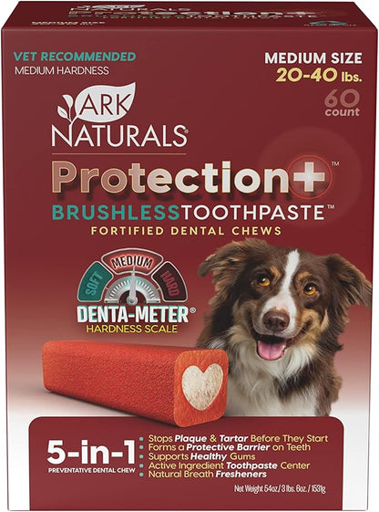 Ark Naturals Protection+ Brushless Toothpaste – Medium Breeds, 54oz Bag – Dog Dental Chew with Toothpaste Center – Prevent Plaque & Tartar and Freshen Breath with Dental Chews for Dogs