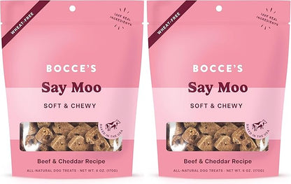 Bocce's Bakery Oven Baked Say Moo Treats for Dogs, Wheat-Free Everyday Dog Treats, Made with Real Ingredients, Baked in The USA, Natural Soft & Chewy Cookies, Beef & Cheddar Recipe, 6 oz (Pack of 2)