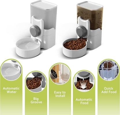 Hanging Cage Automatic Small Pet Food Bowl Water Bottle Dispenser, 1L Auto Gravity Pet Feeder and Waterer Set Kennel Feeding Station Crate Feeder Dish for Rabbit Puppy Cats Ferret (Grey)