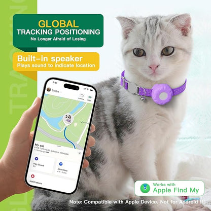 Cat Tracker,No Monthly Fee GPS Trackers for Cats Work with Apple Find My App(iOS Only),Real-Time Location Tracking,Cat Tracker GPS Collar with Safety Elastic Buckle-Purple