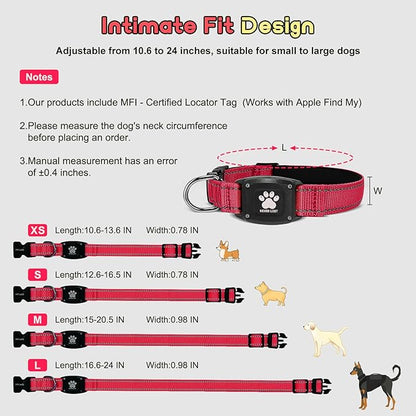 GPS Dog Collar Tracker 2-in-1,Reflective Waterproof Pet Collar,iOS-Only,No Monthly Fees,Unlimited Range,Ideal for Dog Tracking pet Tracker,for Small Medium Large Dogs(L (16.6"-24"), Red)