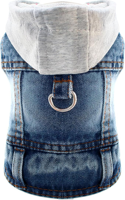Cool Dog Jean Jacket Vest with D-Ring Blue Denim Dogs Hoodies Outfits for Small Medium Dogs Cats Boy Male Dog Clothes Costume Dogggie Puppy Harness Coat for Frenchie Walking(Grey Hat,XXL)