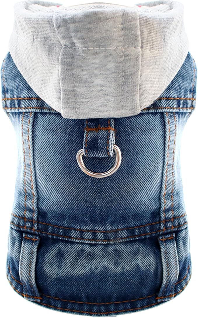 Cool Dog Jean Jacket Vest with D-Ring Blue Denim Dogs Hoodies Outfits for Small Medium Dogs Cats Boy Male Dog Clothes Costume Dogggie Puppy Harness Coat for Frenchie Walking(Grey Hat,S)
