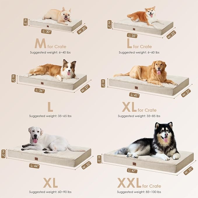 EHEYCIGA Orthopedic Dog Bed Waterproof 30"x20", Memory Foam Pet Bed for Medium Dogs, Washable Pet Mat with Removable Cover, Beige