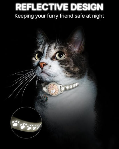 Cat Tracker Collar - Waterproof Airtag Cat Collar with Finder Tag, Khaki | Compatible with Apple Find My (iOS ONLY), Breakaway Tractive Design with Reflective Pattern & Bell (Not for Android Devices)