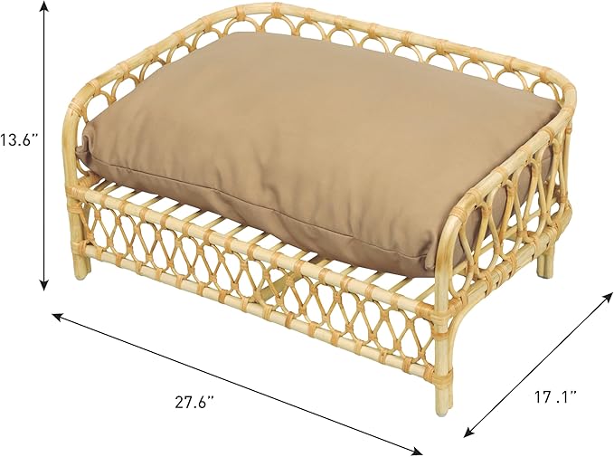 DBD1005B Elevated Pet Daybed 27.5" x 17", Handwoven Rattan Dog & Cat Bed with Machine Washable Cushion, Wicker Rattan Sofa for Small to Medium Pets, Bohemian Style, Light Brown