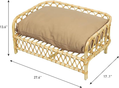 DBD1005B Elevated Pet Daybed 27.5" x 17", Handwoven Rattan Dog & Cat Bed with Machine Washable Cushion, Wicker Rattan Sofa for Small to Medium Pets, Bohemian Style, Light Brown
