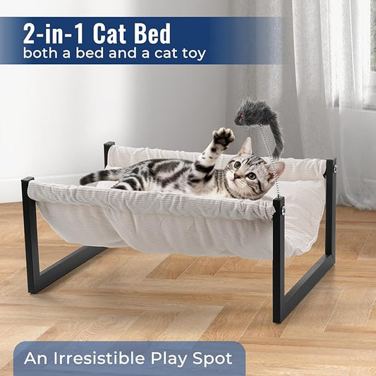 Elevated Cat Bed for Indoor Cats - Machine Washable, 360° Surround Sight, Rust-Resistant Frame with Toy - Effortless Setup, Comfort Mattresses (Thick)