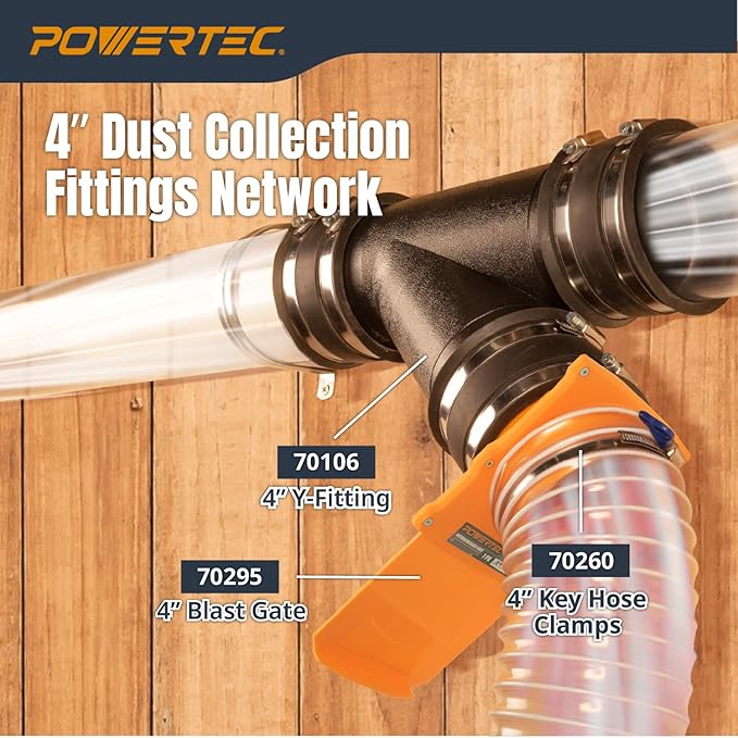 POWERTEC Clear PVC Pipe 4" x 36" Long, 1PK Plastic Tubing & 5PK Stainless Steel Pipe Straps w/Drywall Anchors & Screws Compatible w/Dust Collection Fittings, Hose for Woodworking Tools (70405)