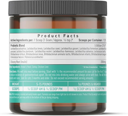 Strawfield Pets' Pre + Probiotic Powder for Cats with Catnip Probiotic for Cats Constipation, Diarrhea, Digestion Relief Immune Support Supplement Natural Chicken Liver Flavor 120 Grams / 120 Scoops