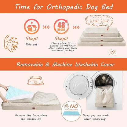 EHEYCIGA Waterproof Dog Bed Memory Foam 36x27, Orthopedic Dog Beds Mat for Large Dogs with Removable Cover, Beige
