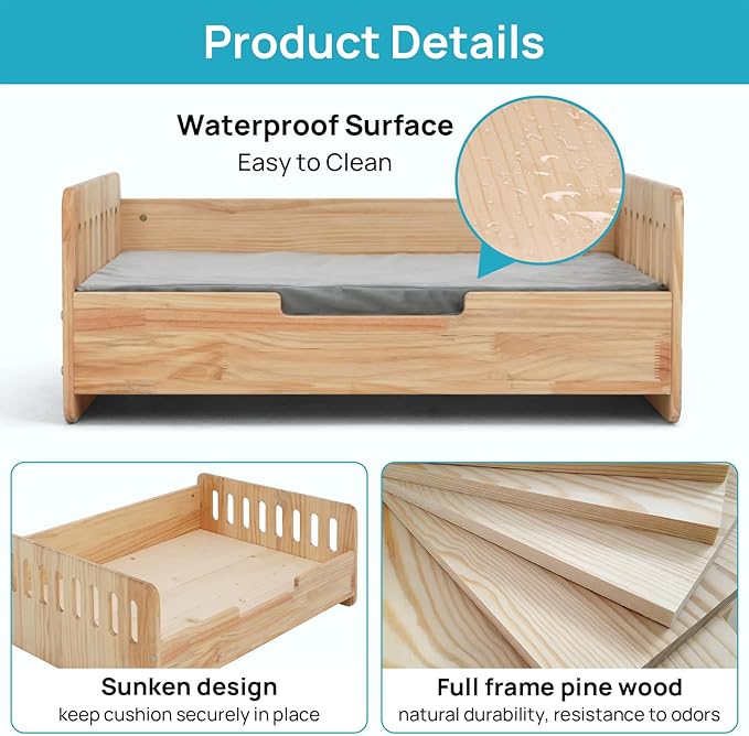 Elevated Dog Bed for Small to Medium Dogs – 32” x 21” Indoor Wooden Pet Sofa with Soft Cushion, Mid-Century Modern Style, Sturdy & Stylish (Natural)